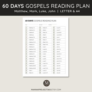 May include: A white 60 Days Gospels Reading Plan, with the text "60 DAYS GOSPELS READING PLAN" at the top. The plan includes readings from Matthew, Mark, Luke, and John. The Etsy shop name "MANNAPROJECT365.ETSY.COM" is at the bottom.