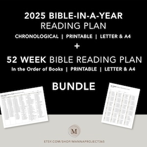 Paquete: Plan de lectura cronológico de la Biblia en un año (2025) y plan de lectura tradicional de 52 semanas, imprimible, tamaño carta, A4.