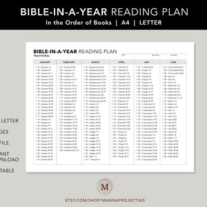 Plan de lectura tradicional de la Biblia en un año, En el orden de los libros, Plan de lectura de la Biblia en un año, Biblia en un año, 365, Imprimible, Carta, A4