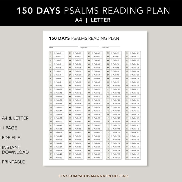 150 Days Psalms Reading Plan, Daily Psalms Reading, One Psalm A Day, Psalms Reading Plan, Bible Reading Plan, Printable, Letter, A4