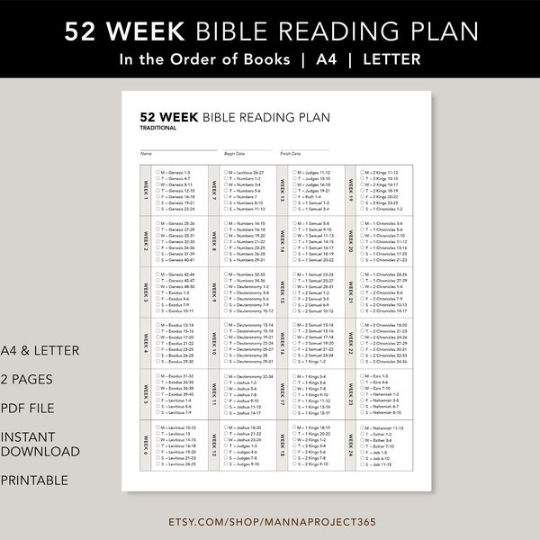 Traditional 52 Week Bible Reading Plan, 52 Week Bible Reading by Book Order, One Year Bible Reading Printable, Weekly Bible Plan, Letter, A4