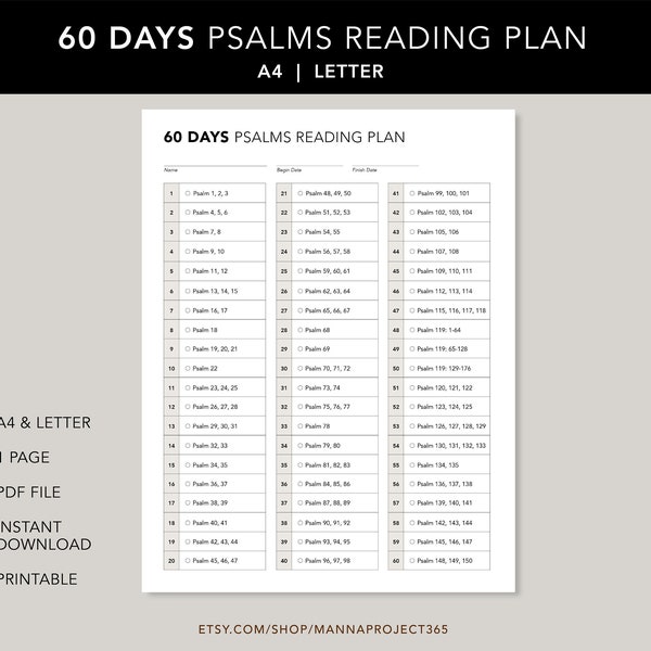 60 Days Psalms Reading Plan, Psalms in 60 Days, 2 Month Psalms Reading Plan, Psalms Reading Plan, Bible Reading Plan, Printable, Letter, A4