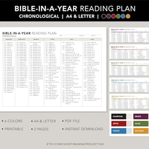Plano de leitura cronológica da Bíblia por ano, leitura anual da Bíblia, plano de leitura da Bíblia para impressão, 365, Bíblia em um ano, carta, A4, 6 cores