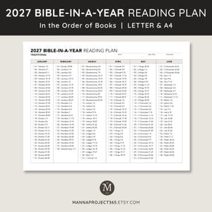 May include: A 2027 Bible-in-a-year reading plan document featuring a traditional schedule organized by month from January to June. The grid includes daily scripture references with checkboxes for tracking progress, labeled with the text 2027 BIBLE-IN-A-YEAR READING PLAN.