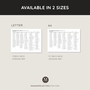 May include: A product image showing two sizes of a Bible reading plan. The sizes are Letter (11x8.5 inches) and A4 (11.7x8.3 inches). The text "AVAILABLE IN 2 SIZES" is at the top. The Etsy shop name is "MANNAPROJECT365.ETSY.COM".