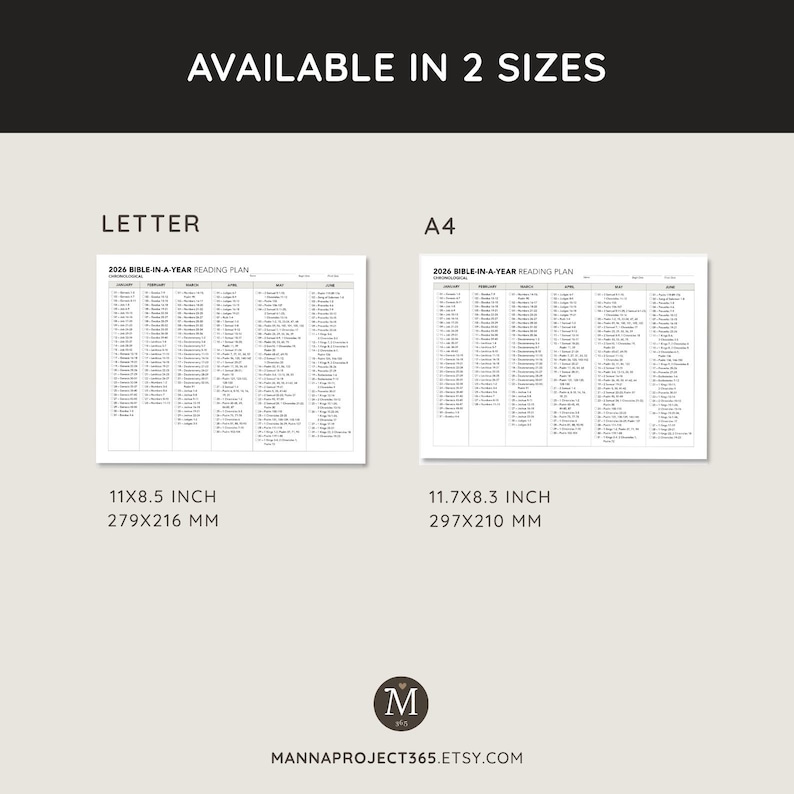 May include: A product image showing two sizes of a Bible reading plan. The sizes are Letter (11x8.5 inches) and A4 (11.7x8.3 inches). The text "AVAILABLE IN 2 SIZES" is at the top. The Etsy shop name is "MANNAPROJECT365.ETSY.COM".