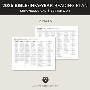 May include: Two-page spread of a 2026 Bible-in-a-Year reading plan. The plan is chronological and available in Letter and A4 sizes. The text includes the title, "2026 Bible-in-a-Year Reading Plan," and the word "Chronological."