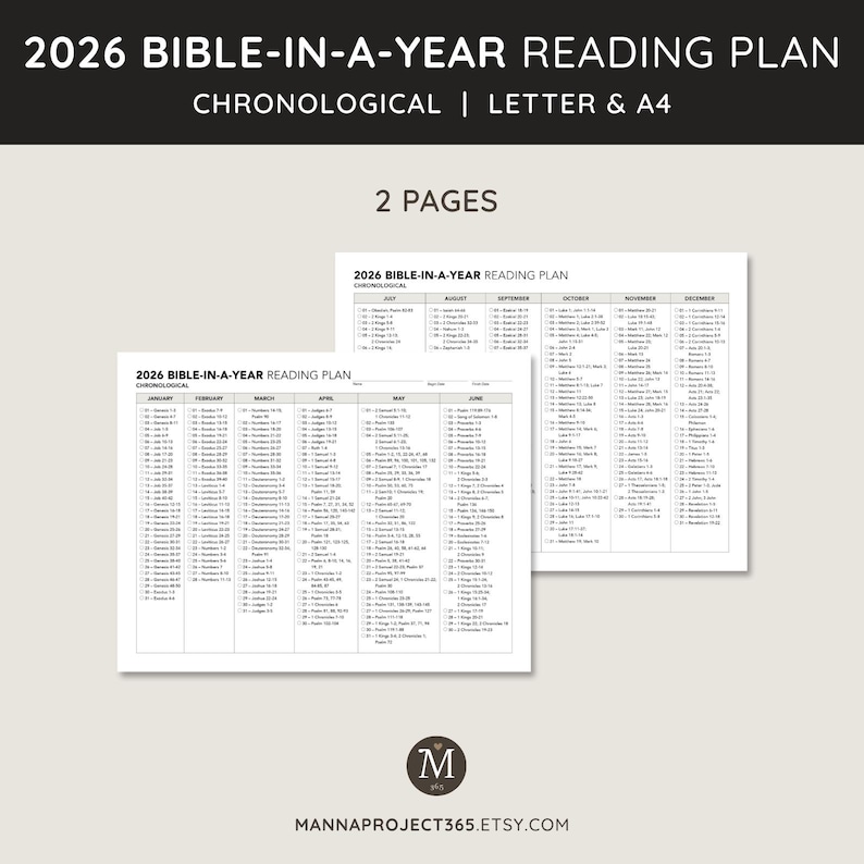 May include: Two-page spread of a 2026 Bible-in-a-Year reading plan. The plan is chronological and available in Letter and A4 sizes. The text includes the title, "2026 Bible-in-a-Year Reading Plan," and the word "Chronological."