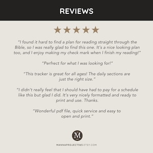 May include: Image of customer reviews for a product. The text includes positive feedback about a reading plan, tracker, and PDF file. The reviews are displayed with a five-star rating and the seller's logo.