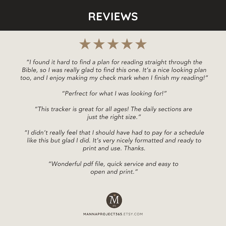 May include: Image of customer reviews for a product. The text includes positive feedback about a reading plan, tracker, and PDF file. The reviews are displayed with a five-star rating and the seller's logo.