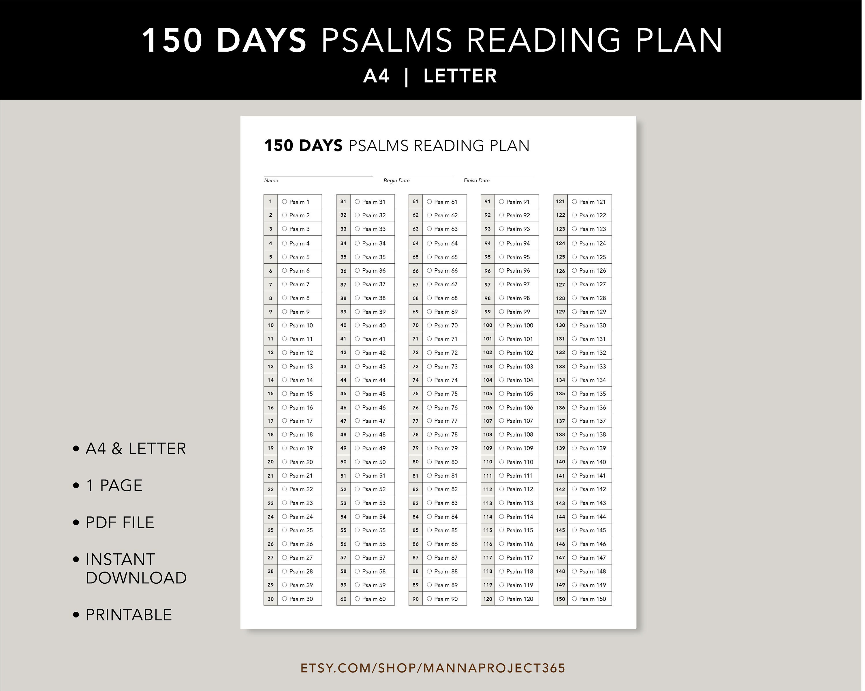150 Tage Psalmenleseplan, Tägliche Psalmenlesung, One Psalm A Day, Psalmenleseplan, Bibelleseplan, Printable, Letter, A4