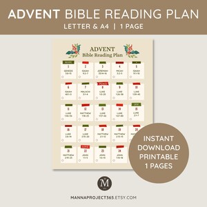 May include: Advent Bible Reading Plan printable. Beige background with a grid of dates and Bible references. The title "Advent Bible Reading Plan" is at the top. A circular graphic on the right says "Instant Download Printable 1 Pages".