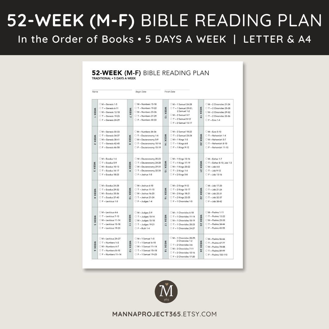 Traditional 52 Week Bible Reading Plan (M-F), 5 Days a Week, in the ...