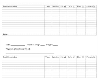 May include: A printable calorie and macronutrient tracking log with sections for date, hours of sleep, weight, physical and emotional mood, food description, time, calories, fat, carbs, fibre, and protein.