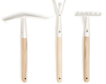 Ensemble d'outils de jardin de 3, outils de jardin balcon, outils de jardin femmes, outils de jardin blanc, griffe, râteau, houe avec fourchette, ensemble d'outils de jardin de 3