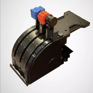 May include: Black aircraft control panel with three rotary knobs and two red and blue push buttons. The panel has a mounting bracket.