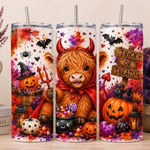 Halloween Highland Cow Tumbler Wrap | Devil Cow, Pumpkins, Bats (Digital Download)