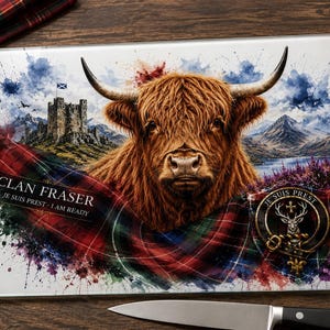 Clan Fraser Highland Cow Cutting Board PNG | Scottish Watercolour Sublimation Design (A3 Download)