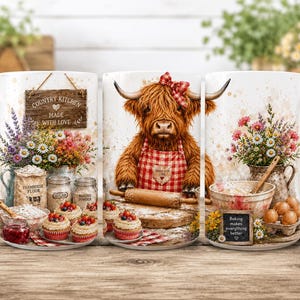 May include: A white ceramic mug featuring a printed illustration of a brown Highland cow wearing a red plaid apron and using a wooden rolling pin. The design includes floral arrangements, cupcakes, baking ingredients, and text reading Country Kitchen Made With Love and Baking makes everything better.