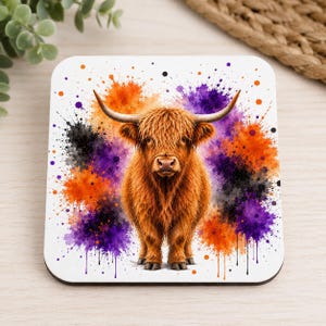 Highland Cow Coaster PNG | Orange Purple Paint Splash Autumn (Digital Download)