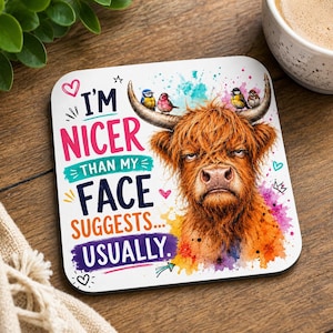 Op de afbeelding: Een vierkante onderzetter met een aquarelillustratie van een ruige, gemberkleurige Schotse Hooglander met kleine vogels op de hoorns. De tekst luidt: I'M NICER THAN MY FACE SUGGESTS... USUALLY. Het ontwerp bevat kleurrijke verfspatten en hartjes.