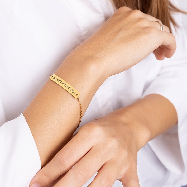 Cadeau personnalisé Bracelet en chiffres romains, Bijoux de conception de bar gravés, Bracelet en chiffres romains à date personnalisée, Cadeau pour lui ou elle