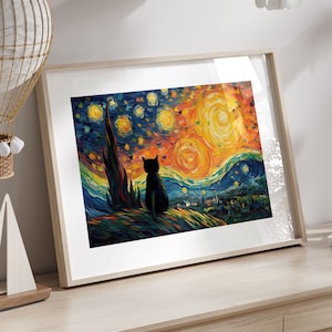 May include: A framed print of a painting depicting a starry night sky with a yellow sun and a black cat sitting on a hill. The painting is in a light wood frame.