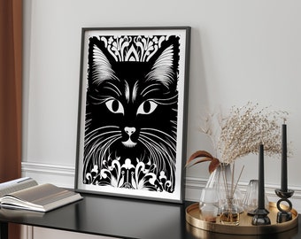 Monochrome Cat Face With Floral Designs Elegant Black And White Botanical Kitty Wall Art Print For Cat Lovers