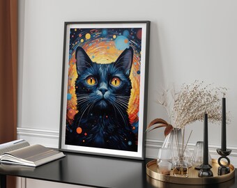 Cosmic Black Cat Space Themed Wall Art Print Modern Astronaut Feline Illustration Gift For Cat Lovers Unique Decor