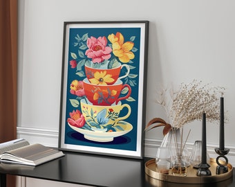 Vivid Stacked Flower Patterned Teacups Wall Art Print Kitchen Home Decor