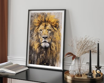 Majestic Lion Sketch With Golden Amber Background Illustration Wall Art Print Nature Wildlife Decor Regal Animal Home Accent