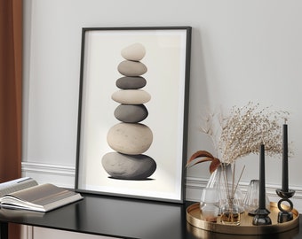 Zen Stones Risograph Wall Art Print Grey Cream Minimalist Boho Home Decor Living Room Calm Neutral
