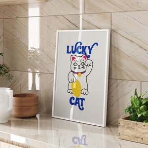 Lucky Cat Cartoon Wall Art Print A3 A4 Bright Colourful Cute Decor For Cat Lovers Home
