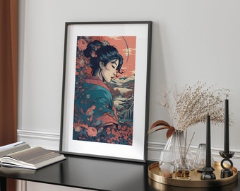Elegant Geisha Profile View Art in Autumnal Hues Wall Art Print, Art for Homes, Printed Art, Art A4 A3 A2