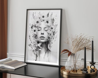 Monochrome Daisy Impression Wall Art Print Minimalist Floral Line Drawing Black And White Modern Botanical Home Decor Gift For Art Lovers
