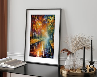 Autumn Park Path Oil Painting Wall Art Print Leonid Afremov Style Living Room Bedroom Vibrant Home Decor Colourful Trees Nature Gift Print