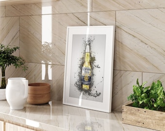 Corona Beer Bottle Splatter Art Print Kitchen Bar Wall Decor Modern Beverage Illustration Home Gift Aesthetic Framed or Unframed