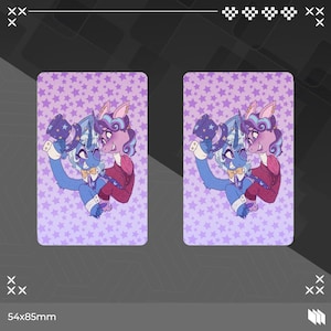May include: Two rectangular cards measuring 54mm by 85mm, each featuring a purple background with a repeating star pattern. The illustration depicts two anthropomorphic creatures, one blue and one purple, wearing formal attire and top hats.