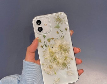 Coque de téléphone White Flowers, vraie coque fleurs pressées séchées pour iPhone 13 12 Pro Max Mini 11 XR X XS 7 8 6 SE