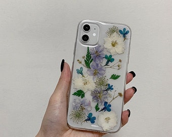 Coque de téléphone White Flowers, vraie coque fleurs pressées séchées pour iPhone 13 12 Pro Max Mini 11 XR X XS 7 8 6 SE