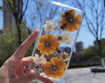 Yellow pressed flower phone case, Handmade real dried floral phone case, Phone case for iphone x xr xs 11 12 13 mini pro max