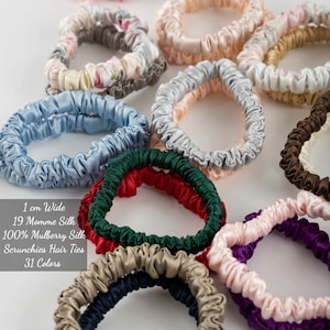 19 Momme Silk Scrunchies Set | 1CM Wide Silk Hair Ties | 100% Mulberry Silk Scrunchie | Silk Bracelets | Silk Hair Loops | Gifts for Her