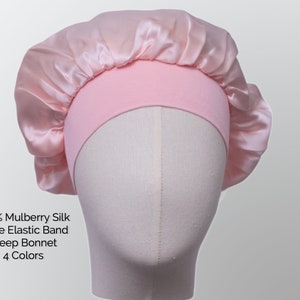 Könnte beinhalten: Ein rosa Satin-Schlafhaube mit einem breiten Gummiband. 100% Maulbeersilk. 4 Farben.