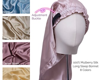 Adjustable Silk Bonnet for Long Hair, 100% Mulberry Silk Large Silk Sleep Cap for braids locs, Silk Hair Protection Nightcap