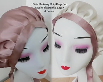 Gorro de dormir de seda 100% de doble capa, gorros reversibles de seda de morera de lujo, gorro de noche para el cabello para mujer, turbante para el cabello, regalos para el cuidado del cabello para ella