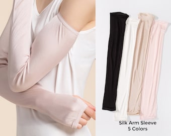 Silk Arm Sleeves with Thumb Hole Long Silk Fingerless Gloves Silk Arm Sleeves For Women UV Protective Cooling Sleeve