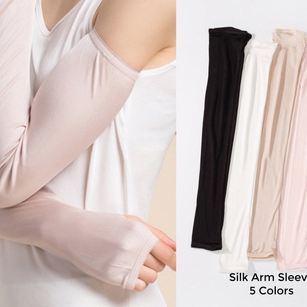 Silk Arm Sleeves with Thumb Hole Long Silk Fingerless Gloves 100% Silk Arm Sleeves For Women UV Protective Cooling Sleeve