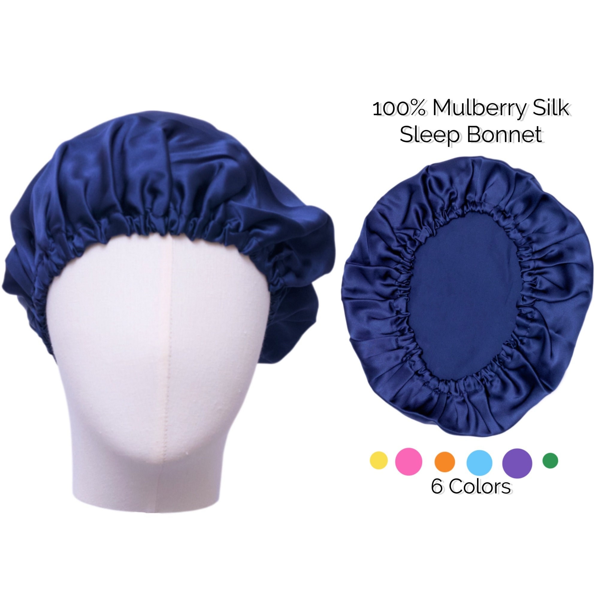 Blue Mulberry Silk Sleep Hair Cap Bonnet Cover Navy Mulberry Silk Hair Wrap Bonnet — Double-Lined  main image 2