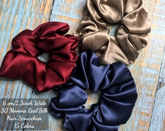 30 Momme Silk Scrunchies Set | 6CM Wide Large Scrunchie | Silk Hair Tie | Ponytail Holder | Hair Care | Silk Hair Accessories | Gift for Her