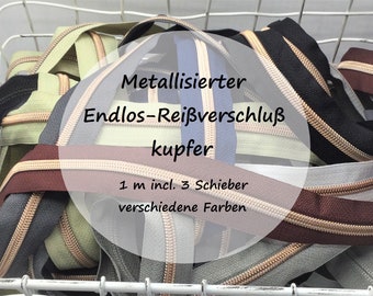 Reißverschluss kupfer metallisiert | 1 m incl. 3 Zipper | 6,5 mm Raupe